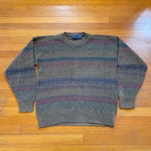 VTG 90s Cambridge Classics Sweater Brown Earth Striped Pattern Knit Cotton USA M